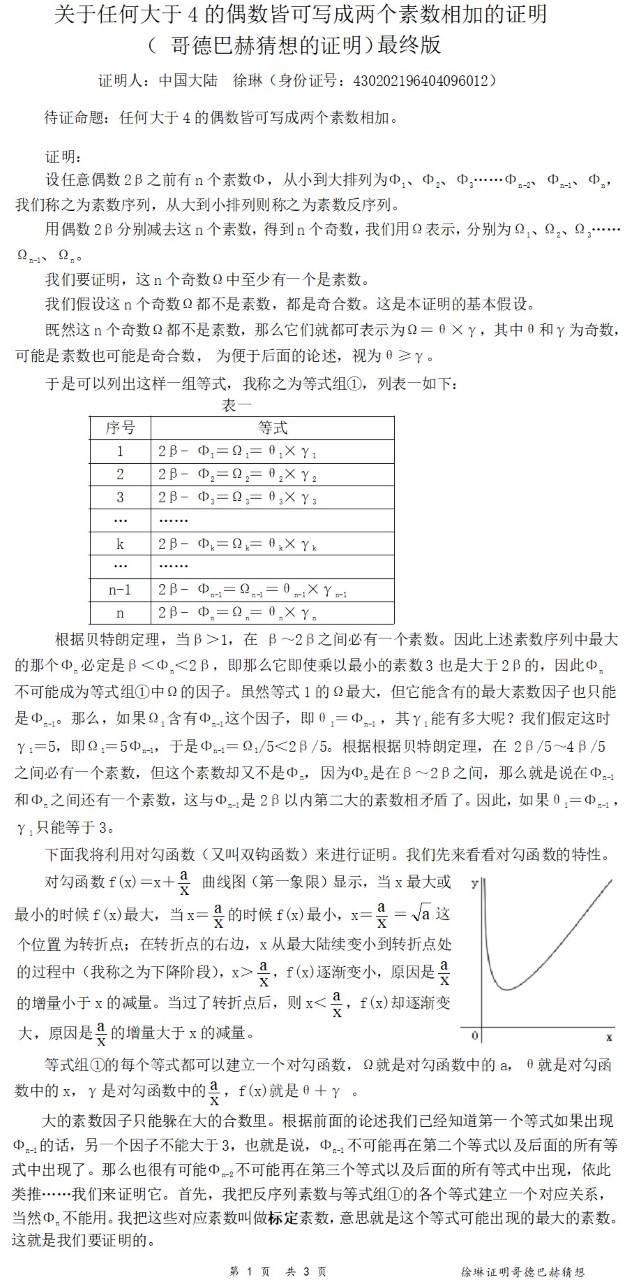 徐琳：关于任何大于4的偶数皆可写成两个素数相加的证明